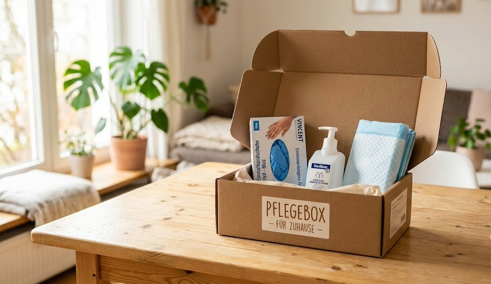 Geöffnete Pflegebox für Zuhause mit kostenlosen Pflegehilfsmitteln wie Einmalhandschuhen, Desinfektionsmittel und Bettschutzeinlagen nach der Pflegegrad-Einstufung.