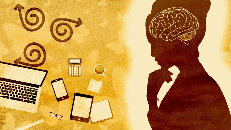 Grafische Illustration zur optimalen Vorbereitung auf den Pflegegrad-Antrag mit einer nachdenklichen Person, Notizen und digitalen Geräten für die Begutachtung.