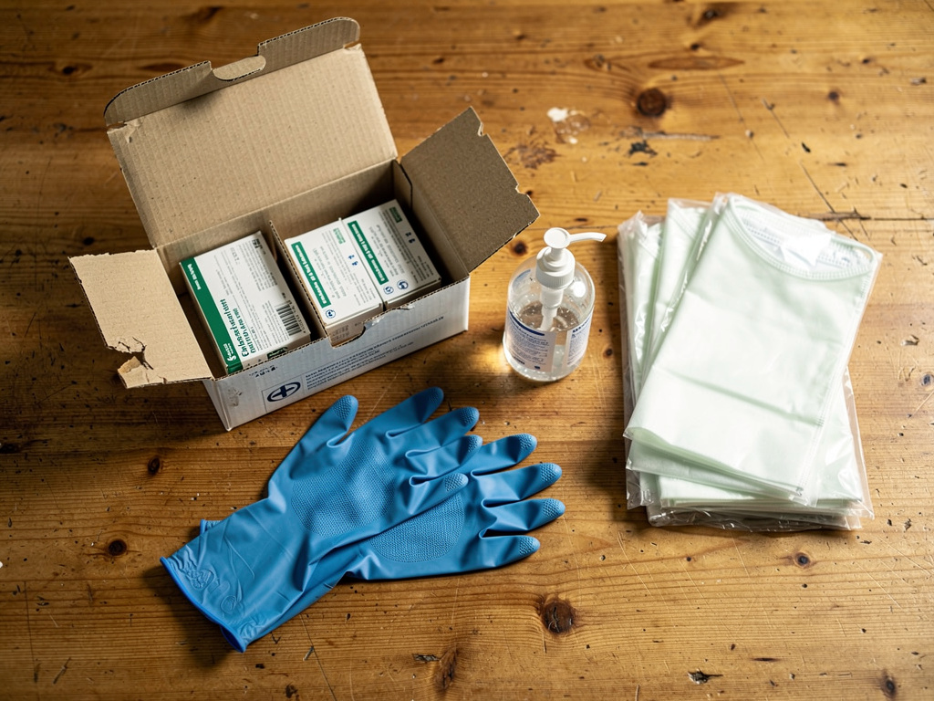 Ein geöffneter Karton mit Einmalhandschuhen, einer Flasche Händedesinfektionsmittel und verpackten Schutzschürzen auf einem Holztisch als Symbol für kostenlose Pflegehilfsmittel.