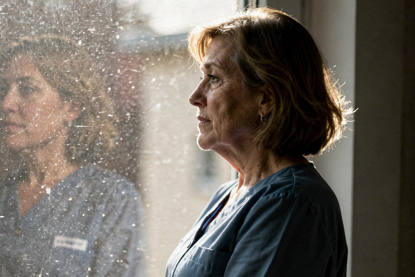 Eine erschöpfte Frau in blauer Pflegekleidung blickt traurig und nachdenklich aus dem Fenster, als Symbol für Burnout, psychische Überforderung und emotionale Erschöpfung bei der Pflege von Angehörigen